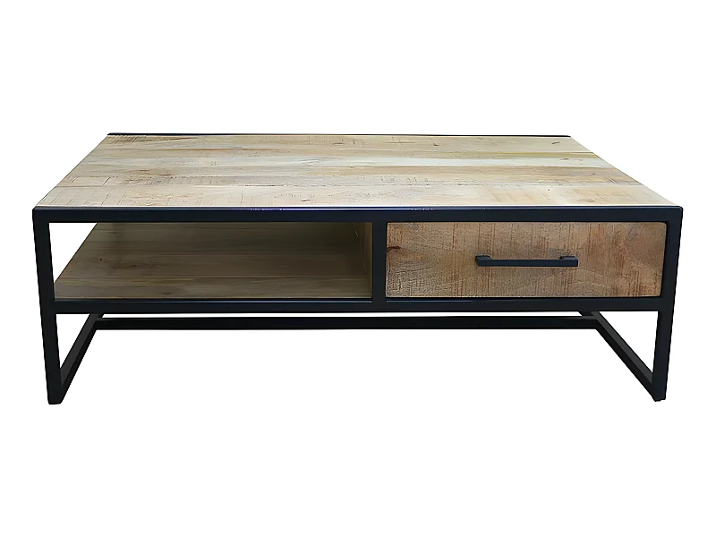 Table basse 1 tiroir bois de manguier et métal