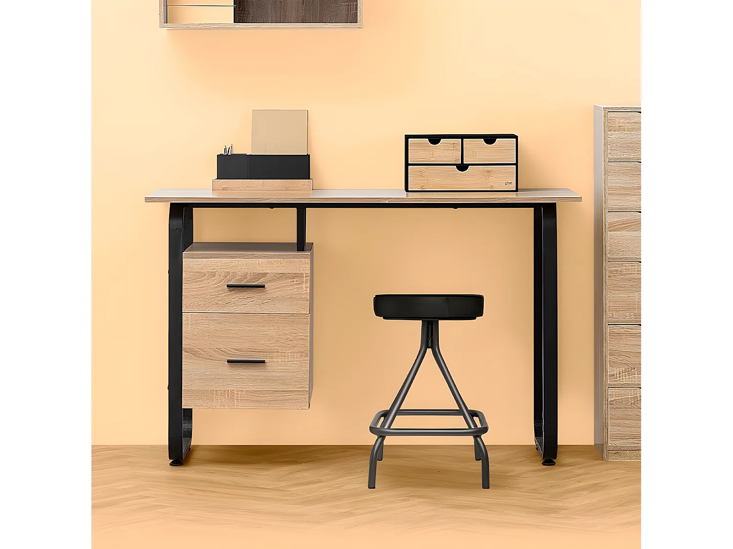 Bureau 2 Tiroirs Design "Caisson" 120cm Naturel
