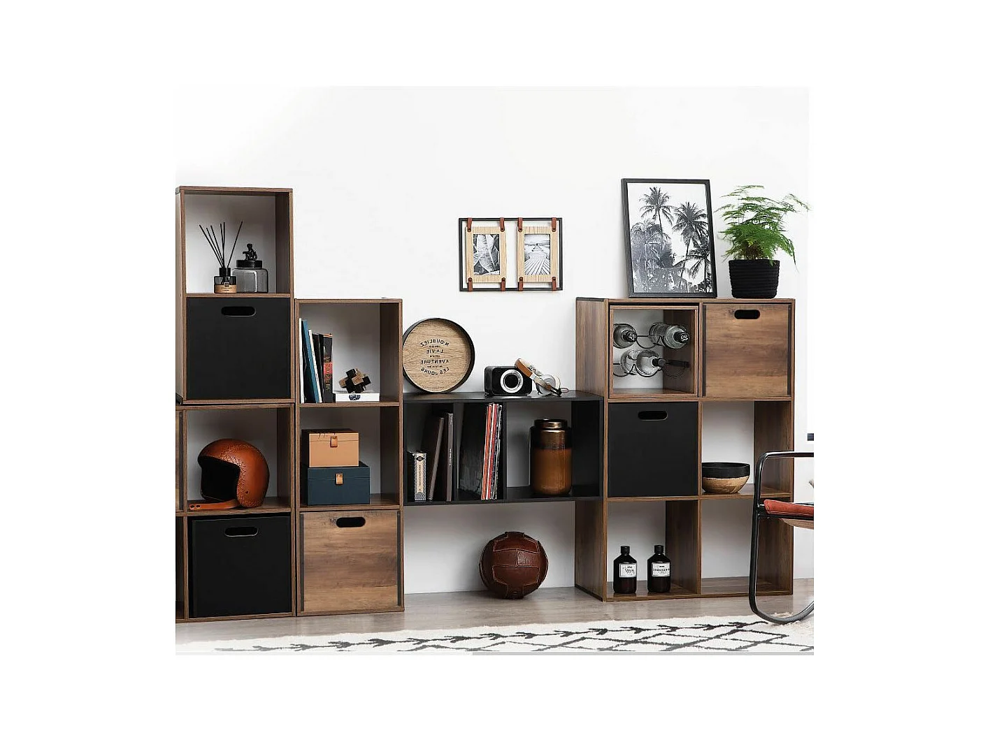 Meuble Étagère 2 cases de rangement effet bois foncé style Industriel H 67.5 cm