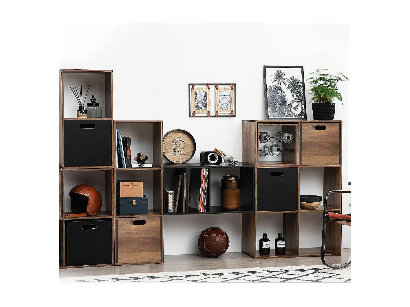 Meuble Étagère 2 cases de rangement effet bois foncé style Industriel H 67.5 cm