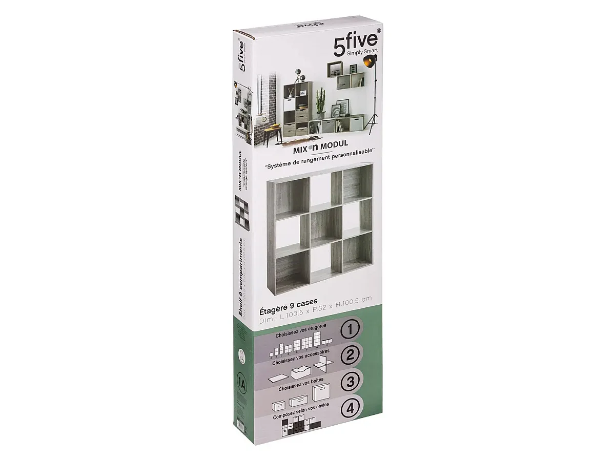 Meuble Étagère 9 cases de rangement effet chêne gris H 100.5 cm