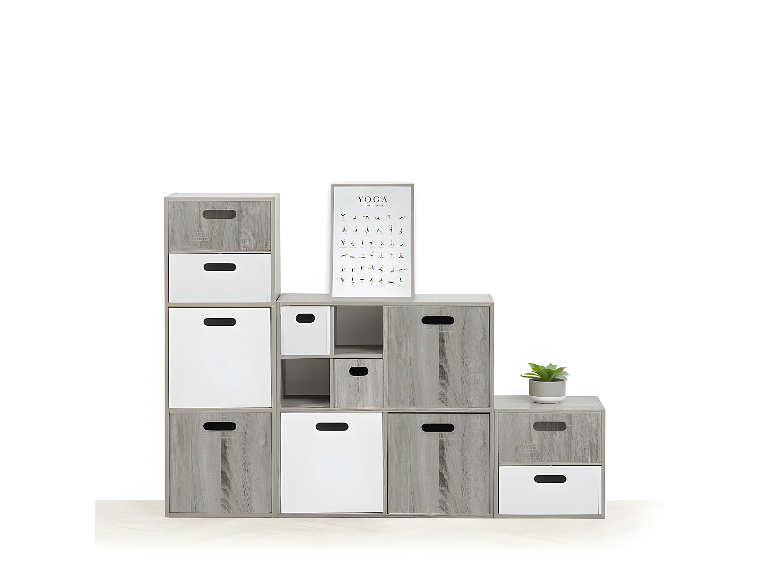 Meuble Étagère 4 cases de rangement effet chêne gris H 67.5 cm
