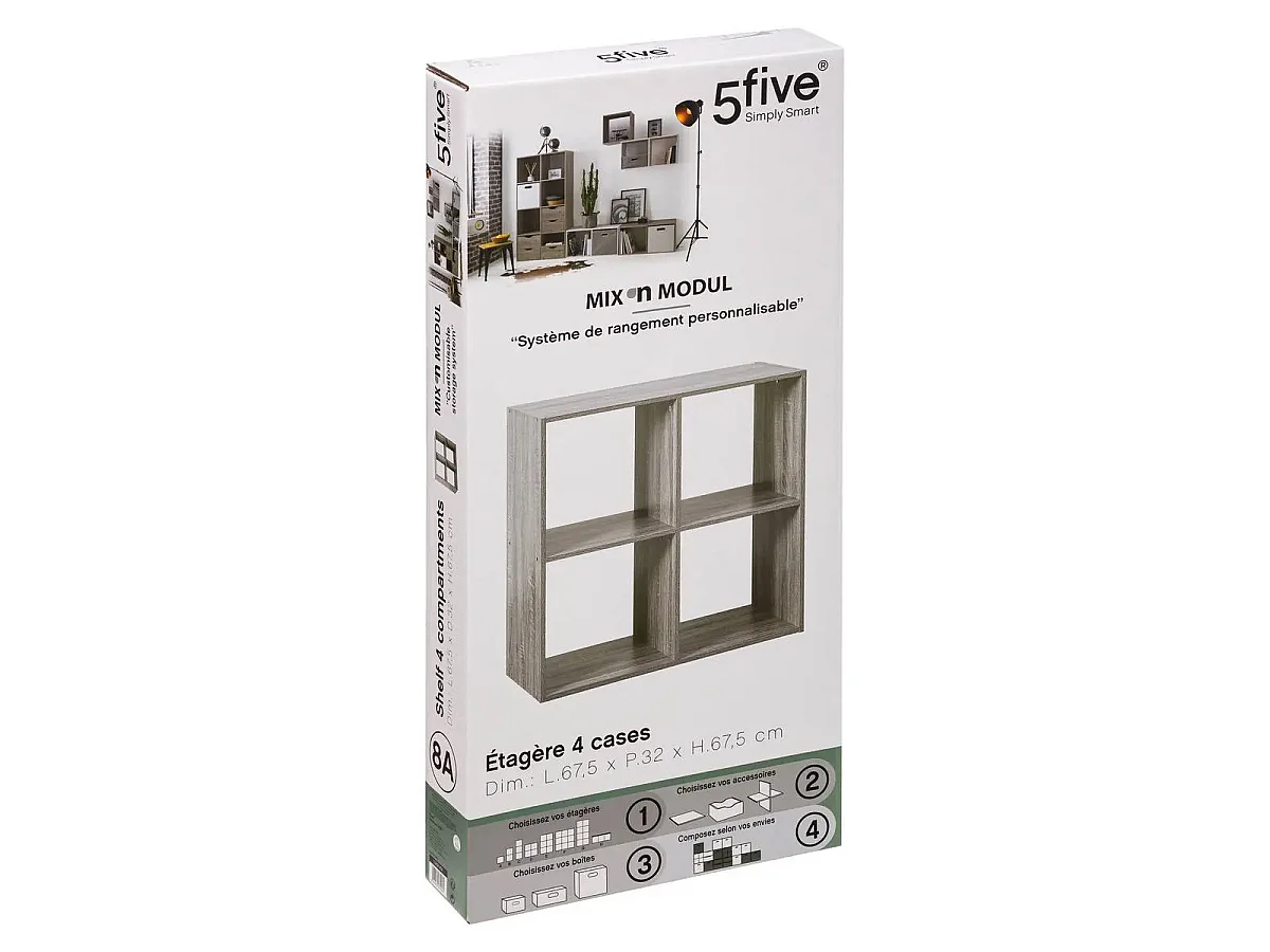 Meuble Étagère 4 cases de rangement effet chêne gris H 67.5 cm