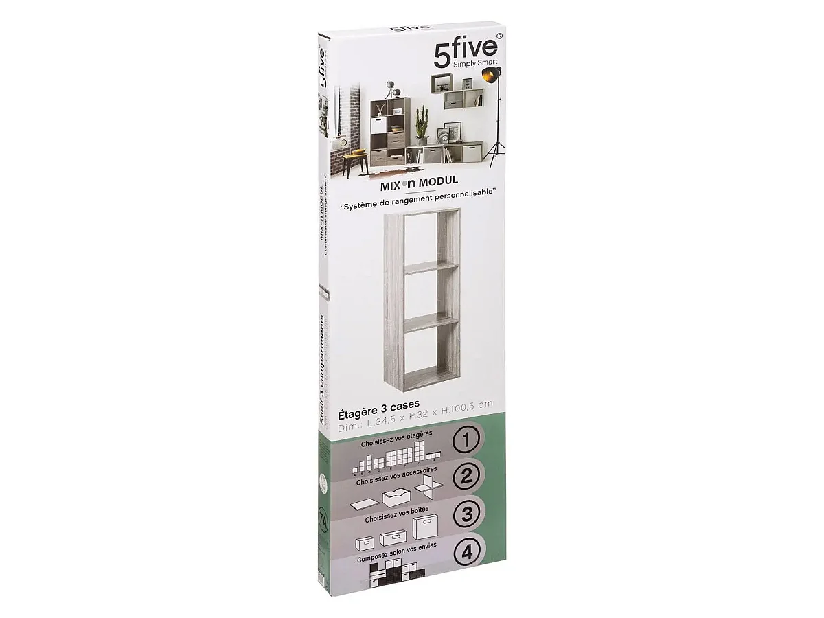 Meuble Étagère 3 cases de rangement effet chêne gris H 100.5 cm
