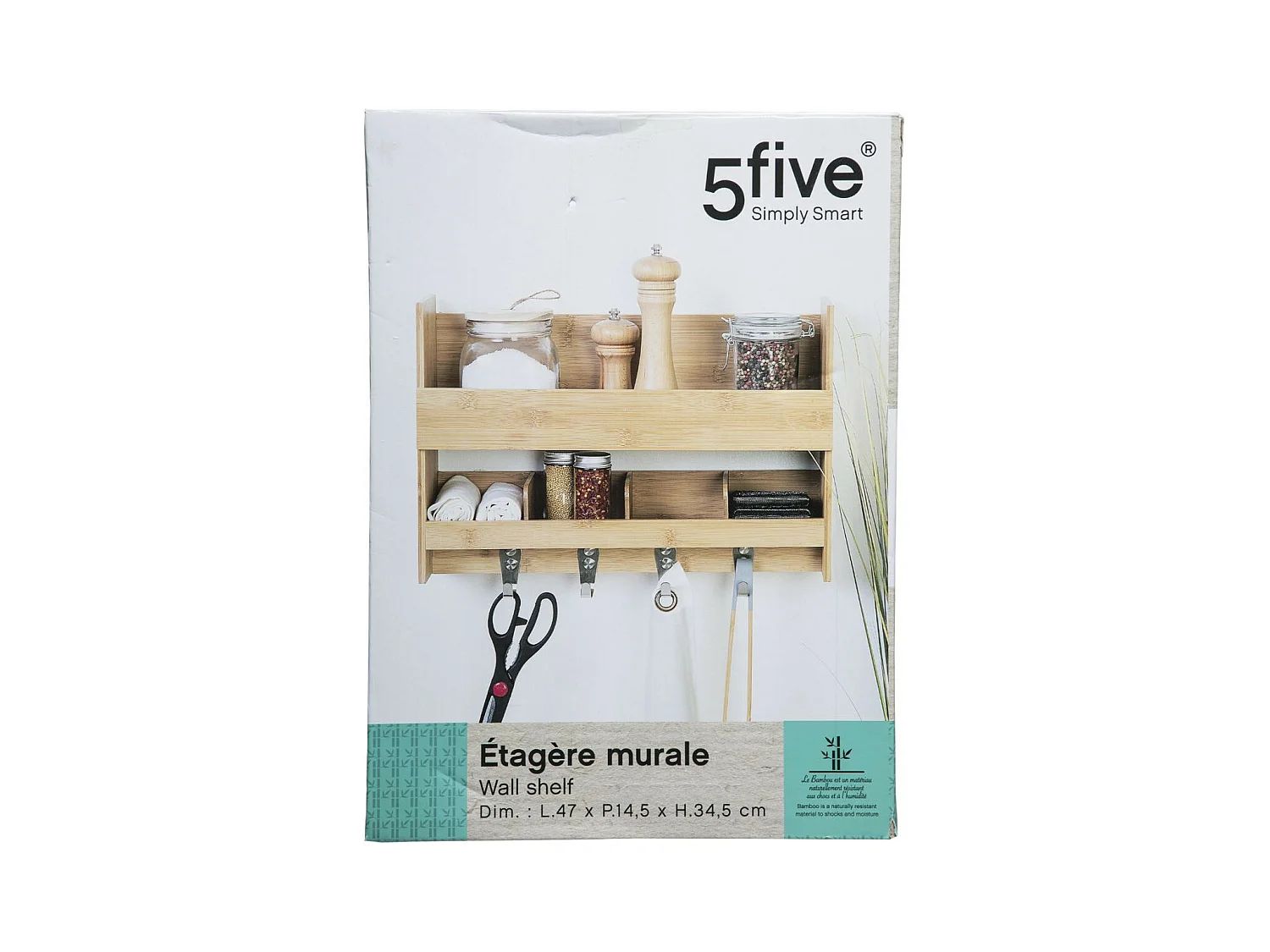 Étagère Murale & Crochets "Bambou" 47cm Naturel