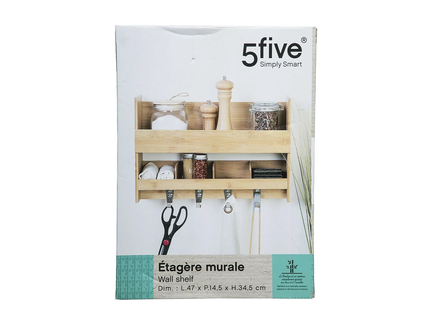 Étagère Murale & Crochets "Bambou" 47cm Naturel