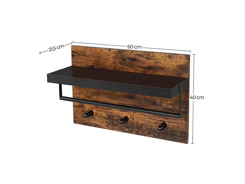 Etagère murale 3 patères métal et bois - Naturel fonce