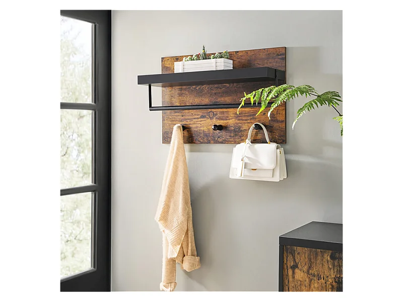 Etagère murale 3 patères métal et bois - Naturel fonce