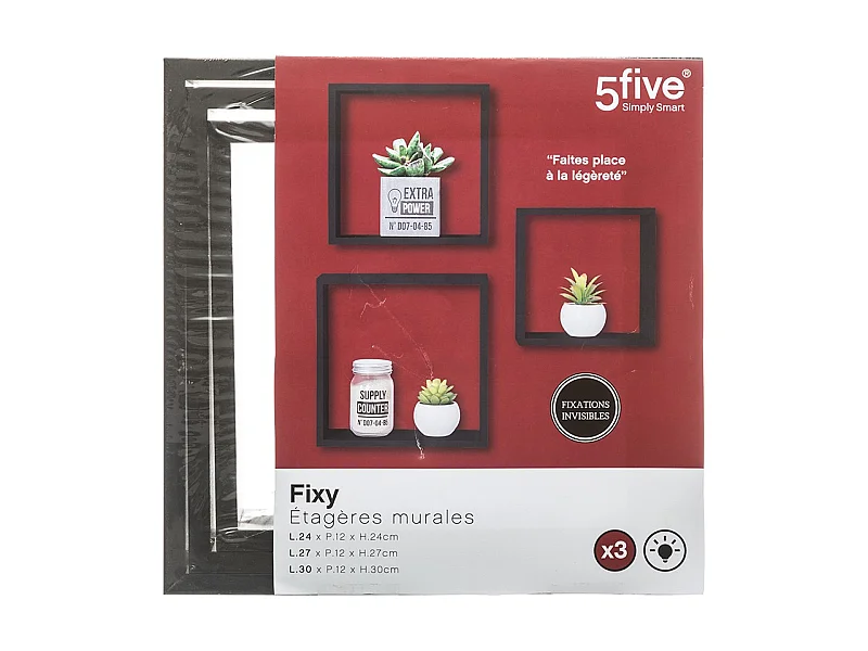 Lot de 3 Étagères murales flottantes Cubes coloris Noir Fixations invisibles