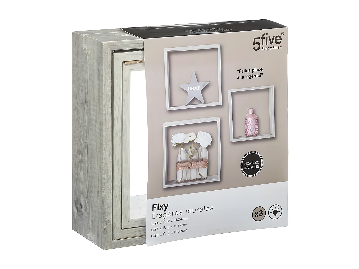 Lot de 3 Étagères murales flottantes Cubes coloris Chêne gris Fixations invisibles