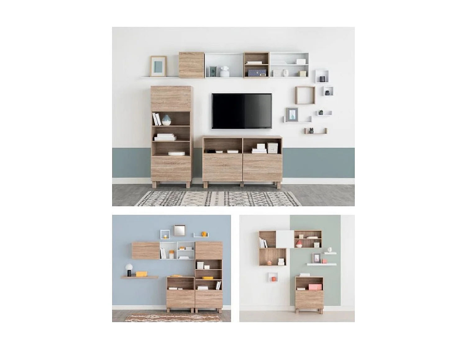 Meuble Etagère murale 2 cases de rangement et 1 porte 57 x 30 cm effet bois naturel