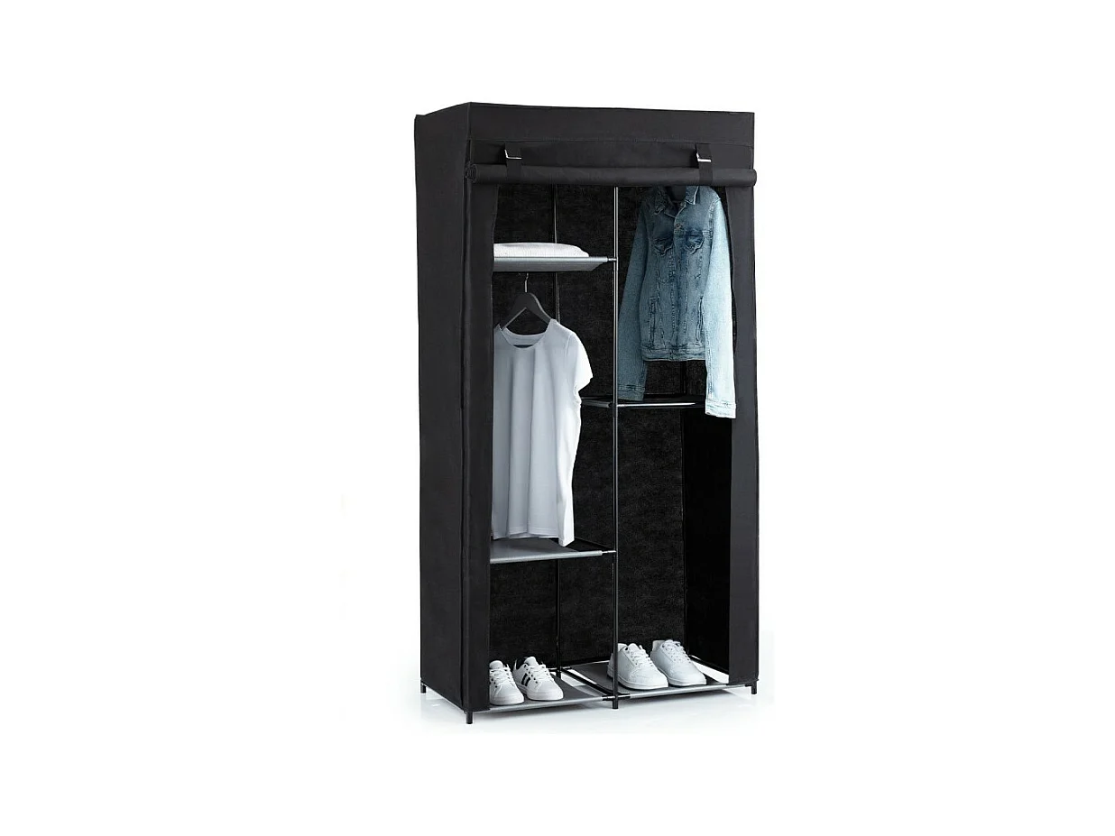 Armoire modulable avec 2 penderies et 5 tablettes en tissu et métal - Noir - H 169 x L 88 x P 46 cm