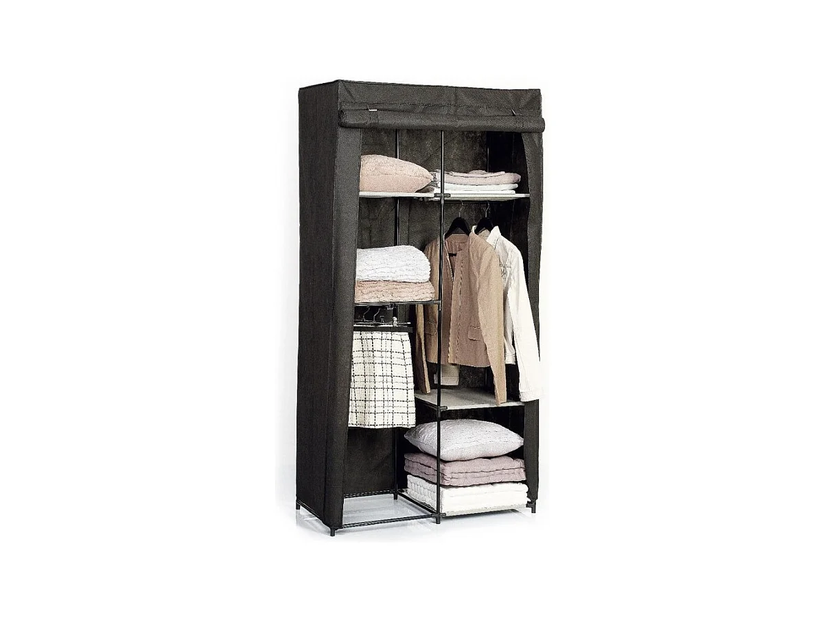 Armoire modulable avec 2 penderies et 5 tablettes en tissu et métal - Noir - H 169 x L 88 x P 46 cm