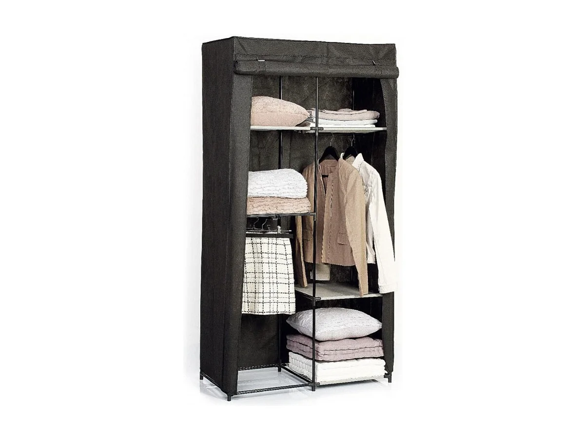Armoire modulable avec 2 penderies et 5 tablettes en tissu et métal - Noir - H 169 x L 88 x P 46 cm