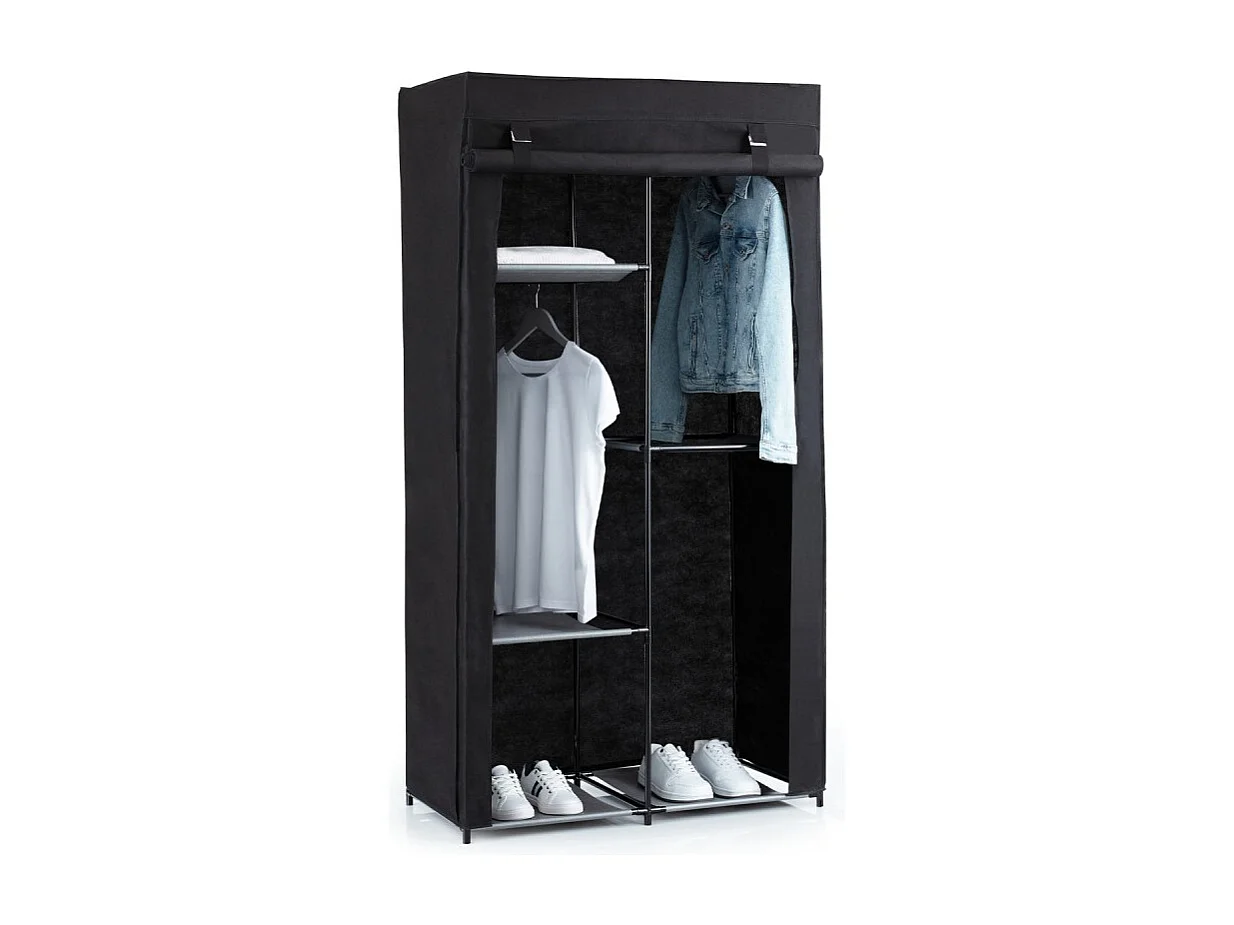 Armoire modulable avec 2 penderies et 5 tablettes en tissu et métal - Noir - H 169 x L 88 x P 46 cm