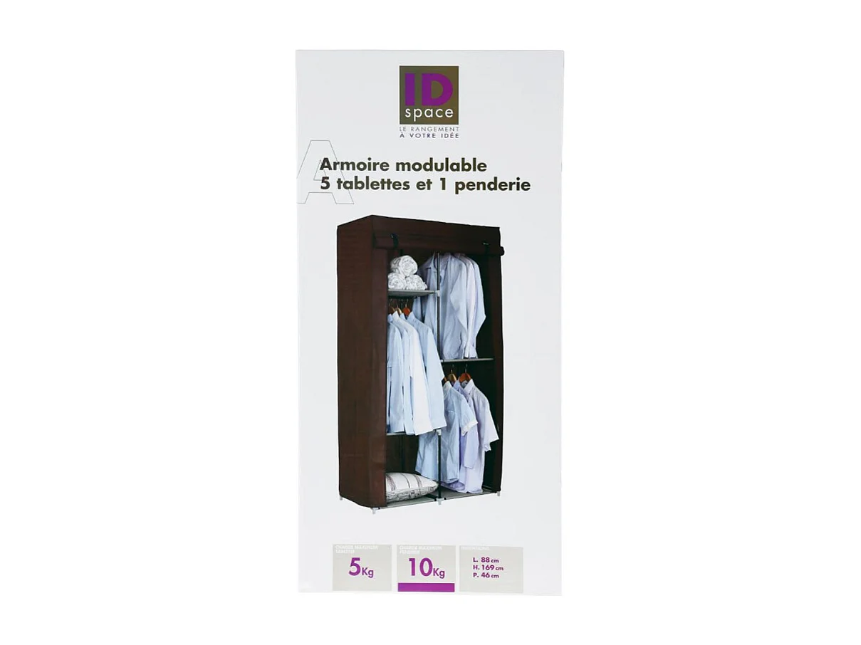 Armoire modulable avec 2 penderies et 5 tablettes en tissu et métal - Noir - H 169 x L 88 x P 46 cm