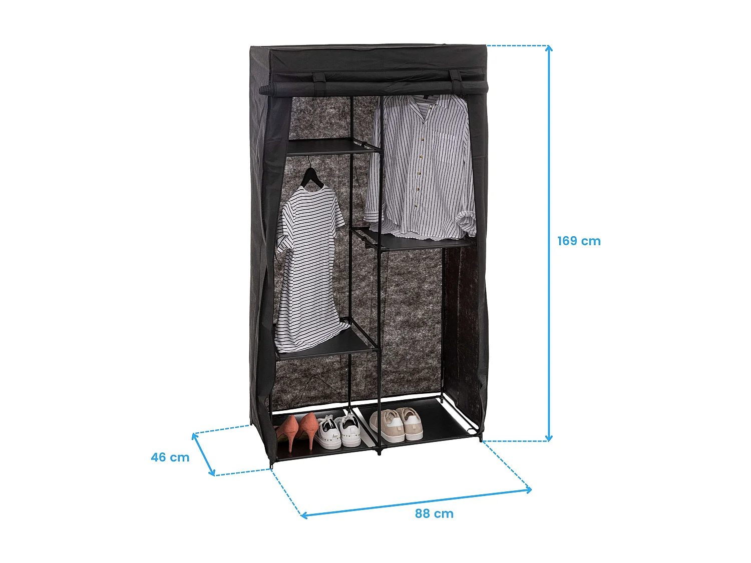 Armoire modulable avec 2 penderies et 5 tablettes en tissu et métal - Noir - H 169 x L 88 x P 46 cm
