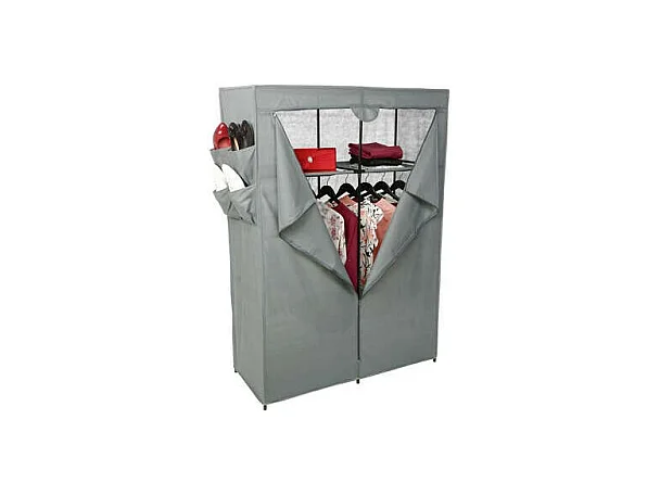 Guarda-roupa auxiliar de tecido com 2 prateleiras e bolsos, cinza, 110x155 cm