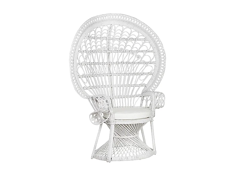 Outdoor/Indoor Pfauensessel aus Rattan weiß mit Sitzkissen Boho Stil Emmanuelle