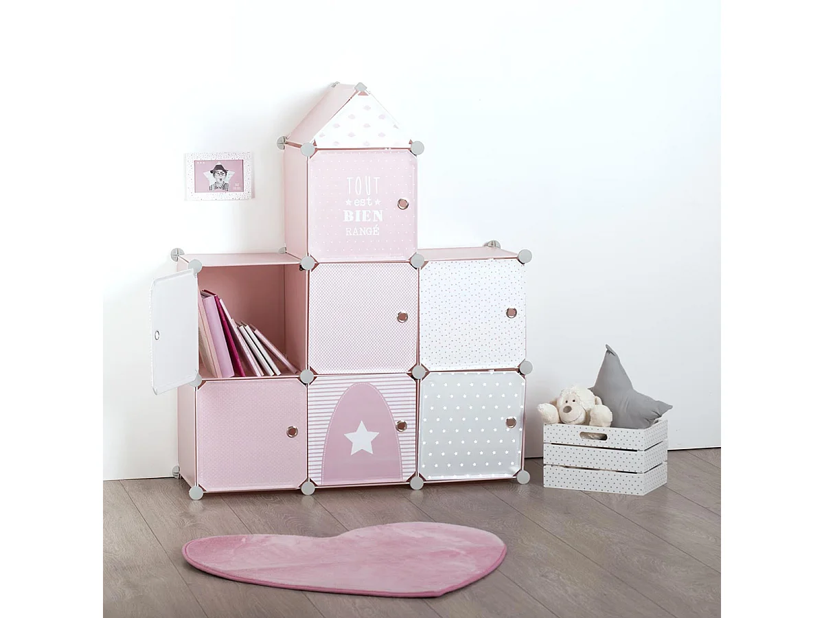 Estantería infantil 7 módulos forma castillo rosa 109x94,5x32 cm