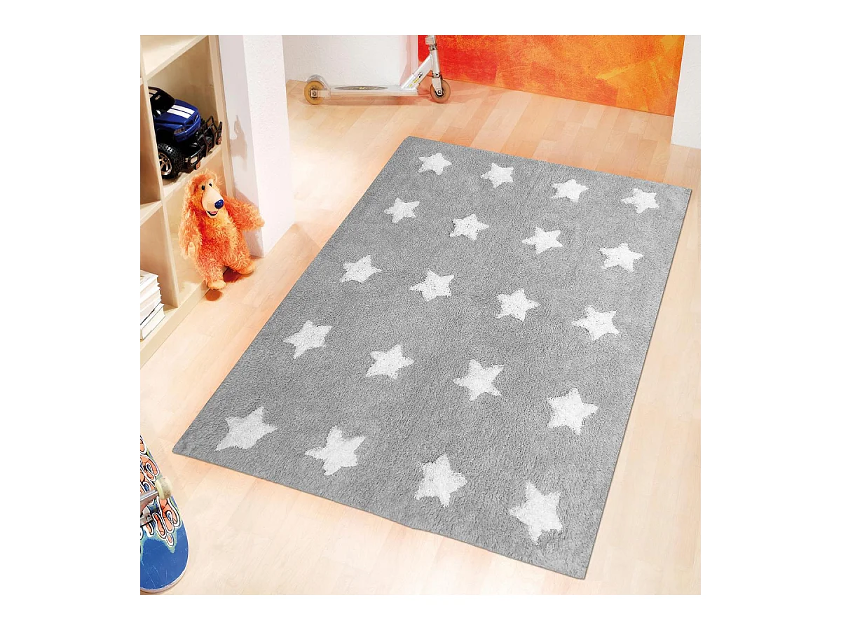 Tapis enfant 90x150 fait main en coton gris motif géométrique ETOILE