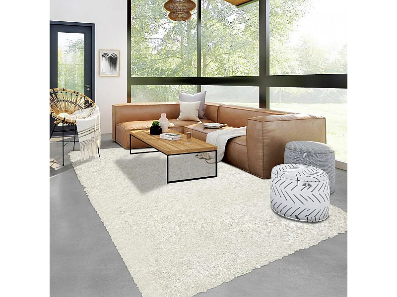 Tapis shaggy 160x240 rectangle fait main blanc motif uni LAMBANA