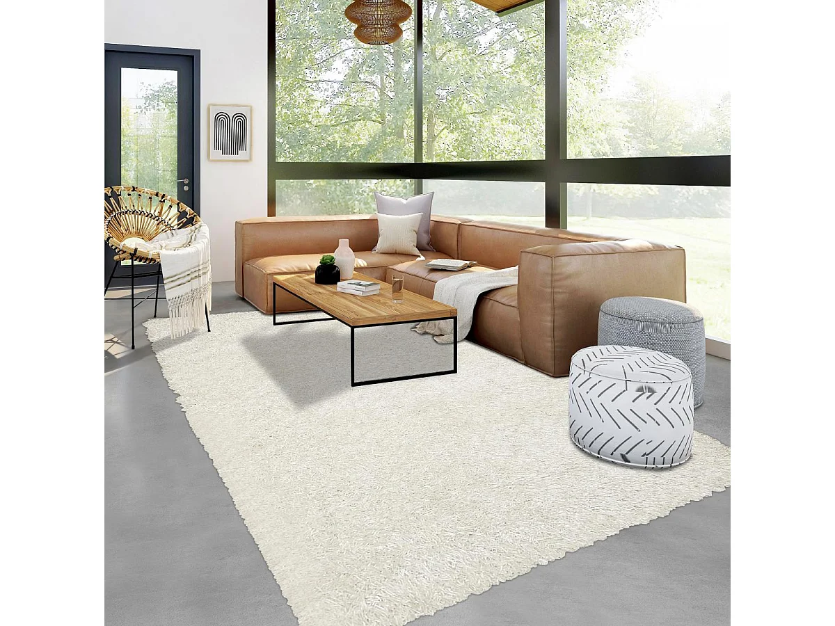 Tapis shaggy 160x240 rectangle fait main blanc motif uni LAMBANA