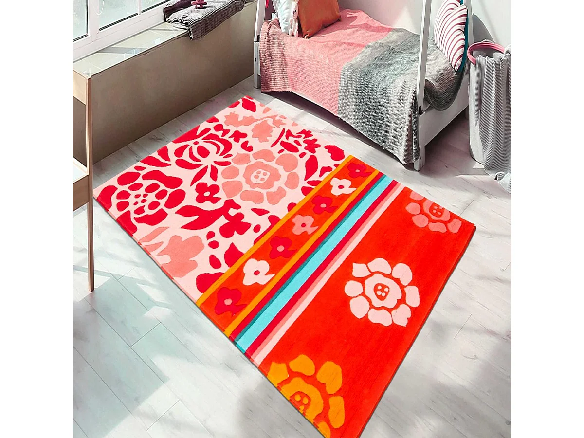 tapis chambre 80x150 fait main en acrylique rose et violet motif géométrique