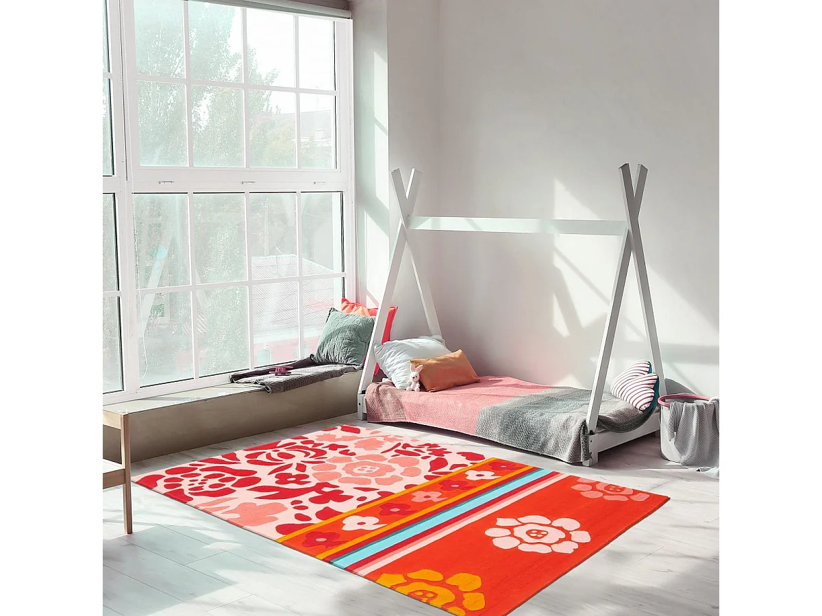 tapis chambre 80x150 fait main en acrylique rose et violet motif géométrique