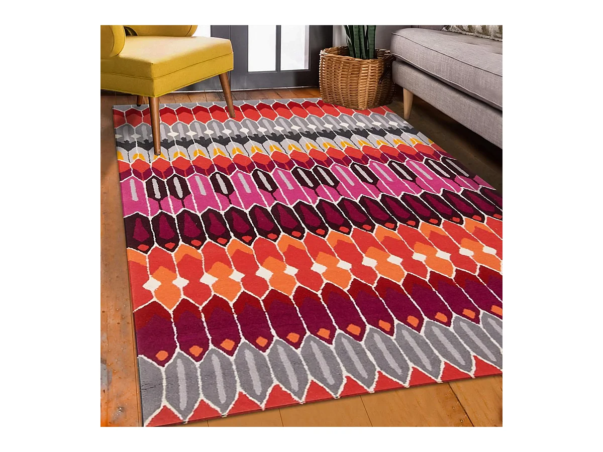 tapis chambre 120x180 fait main en laine gris et violet motif géométrique