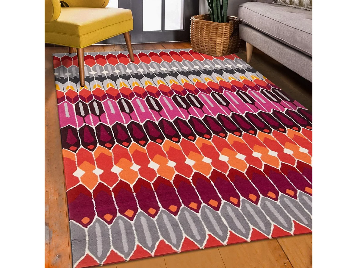 tapis chambre 120x180 fait main en laine gris et violet motif géométrique