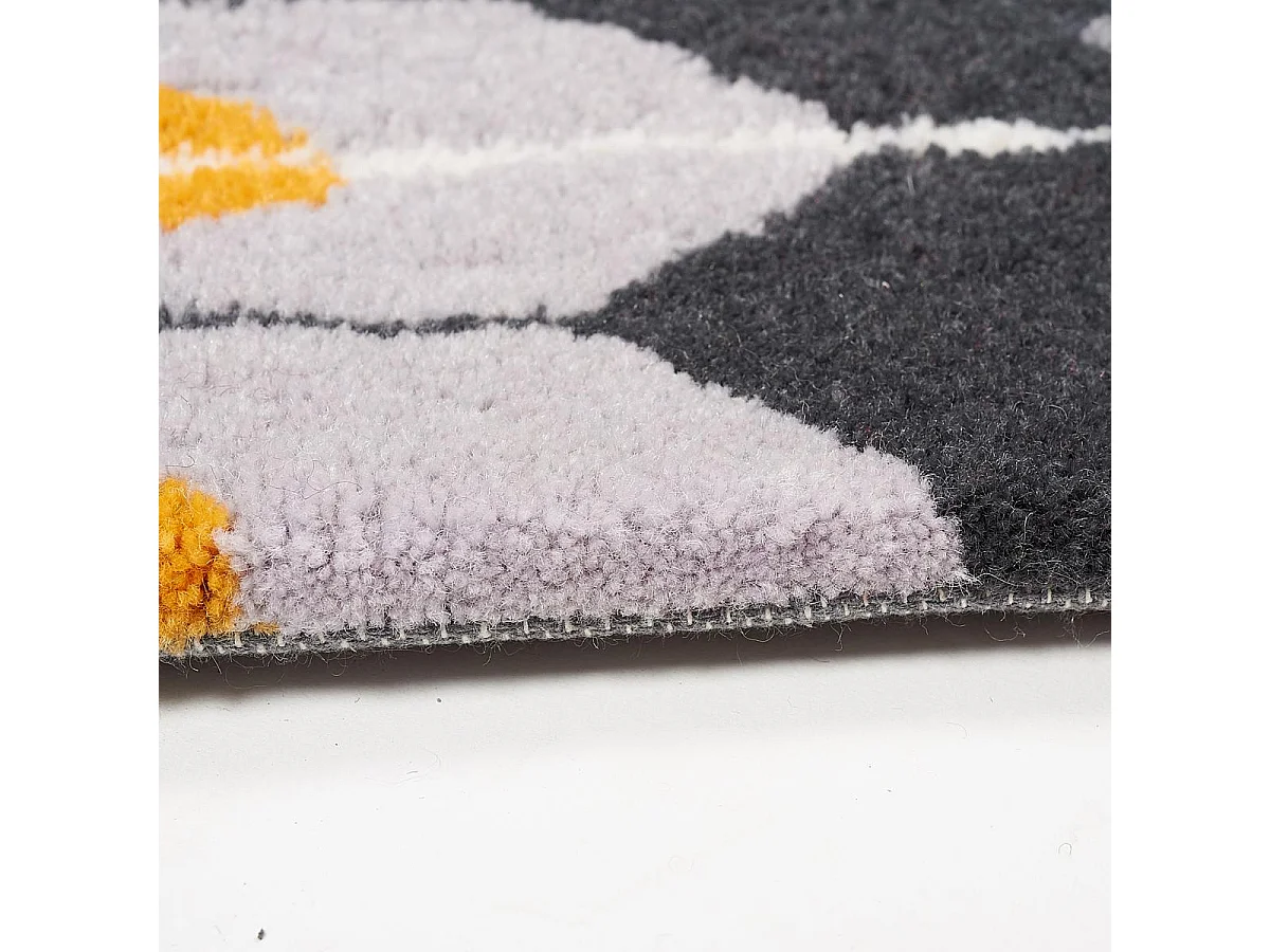 tapis chambre 120x180 fait main en laine gris et violet motif géométrique