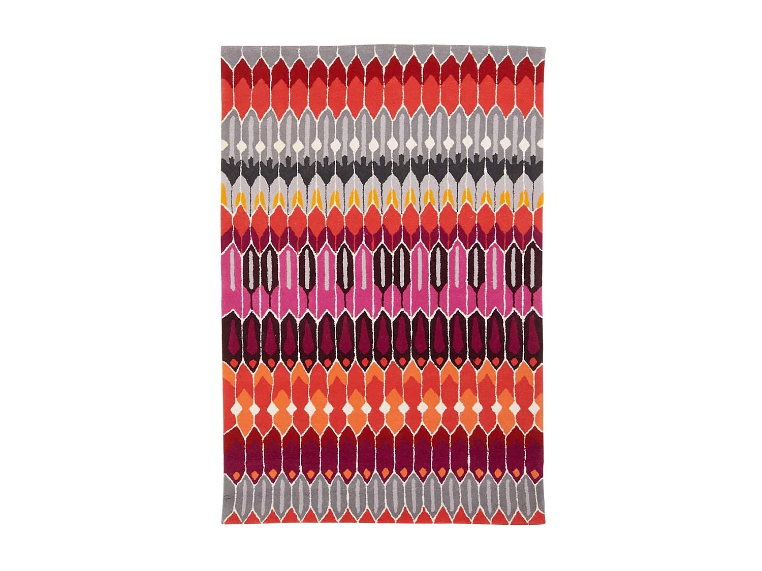 Tappeto da camera 120x180 realizzato a mano in lana grigia e viola con motivo geometrico