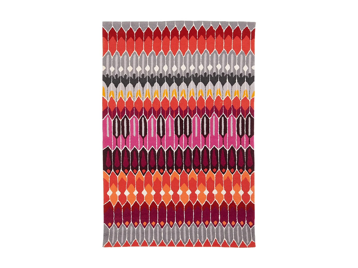 Tappeto da camera 120x180 realizzato a mano in lana grigia e viola con motivo geometrico