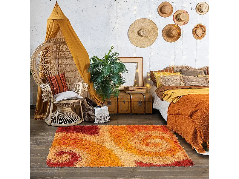 Tapis shaggy 90x160 rectangle fait main beige et marron motif enfant LOUXY