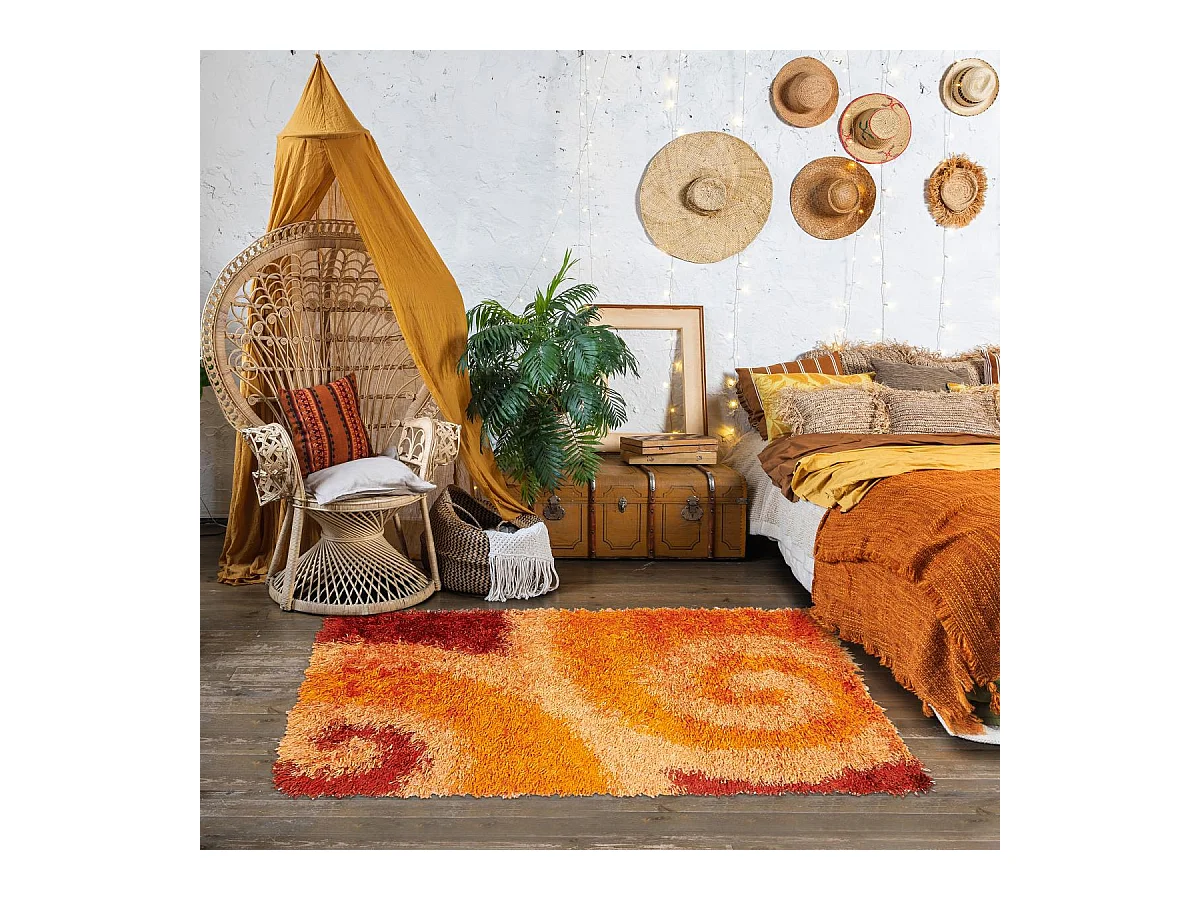 Tapis shaggy 90x160 rectangle fait main beige et marron motif enfant LOUXY