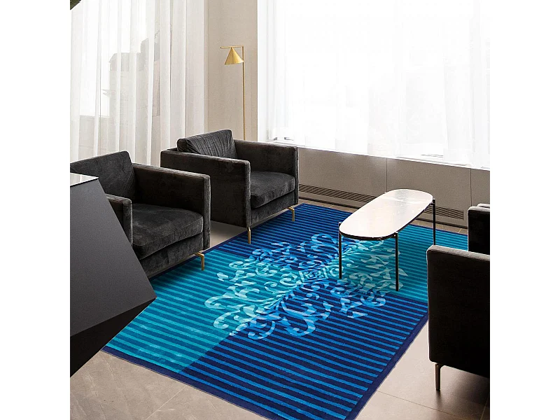 tapis salon 140x200 fait main en acrylique bleu et bleu marine motif baroque