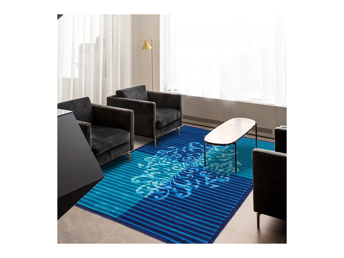 tapis salon 140x200 fait main en acrylique bleu et bleu marine motif baroque