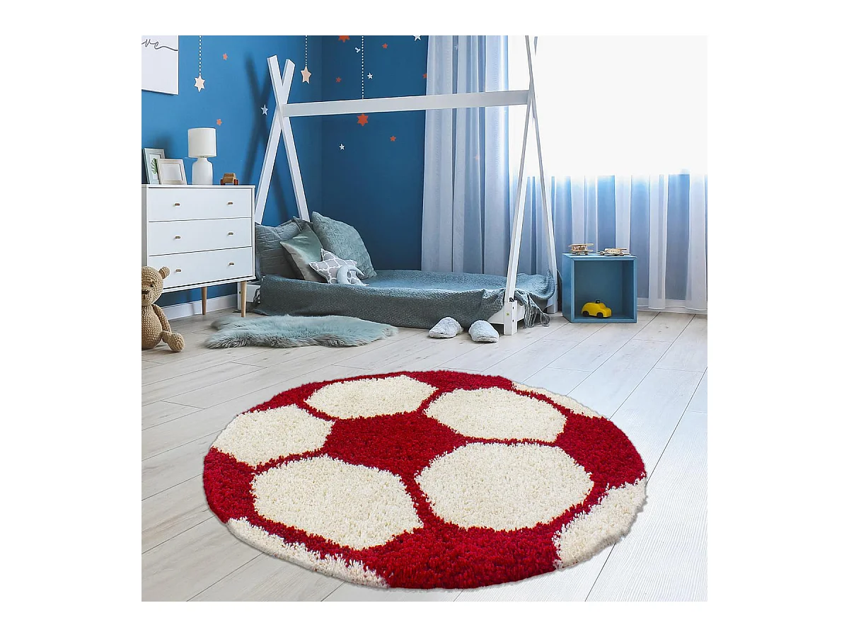 Tapis enfant Ø100cm rond tissé rouge et crème SHAGGY FOOT
