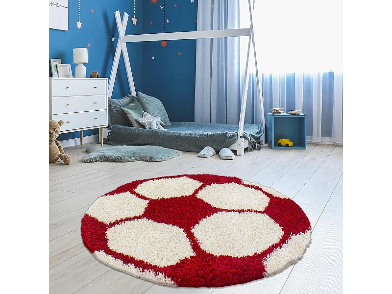 Tapis enfant Ø100cm rond tissé rouge et crème SHAGGY FOOT