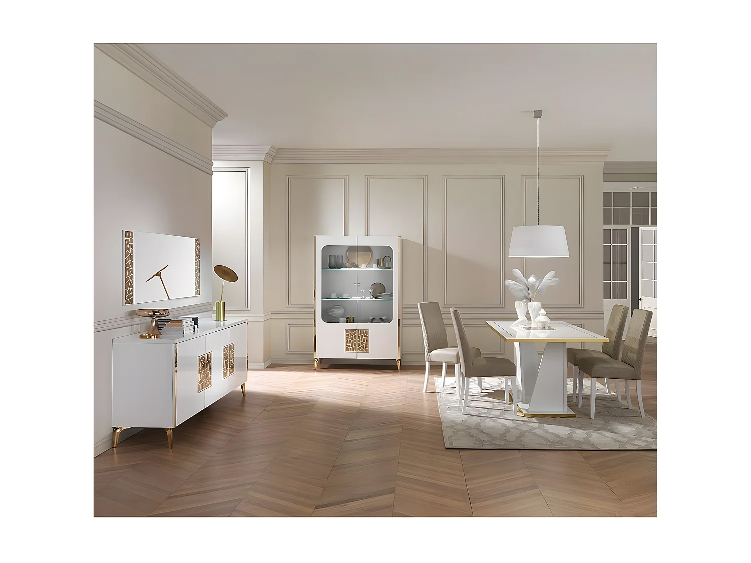 SAFARY - Buffet 3 Portes Laqué Blanc et Or Décor Sérigraphié