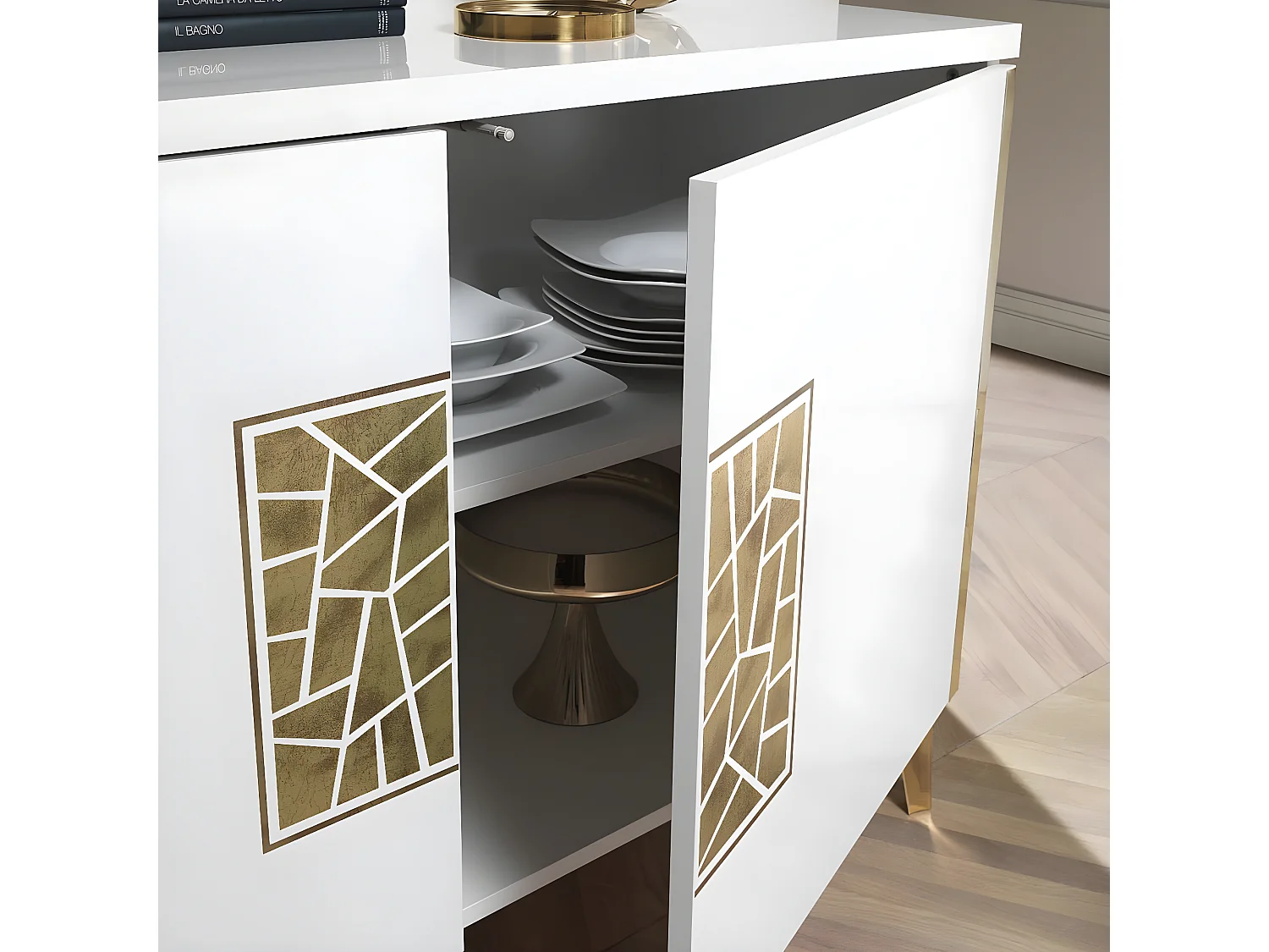 SAFARY - Buffet 3 Portes Laqué Blanc et Or Décor Sérigraphié