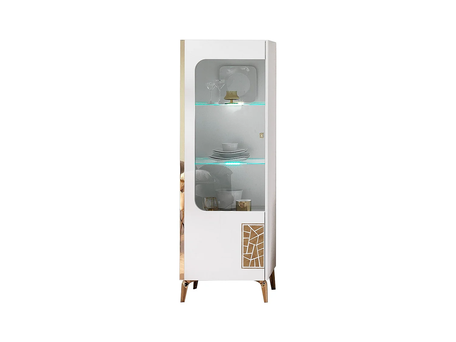 SAFARY - Vitrine 1 Porte Gauche Laquée Blanc et Or Décor Sérigraphié