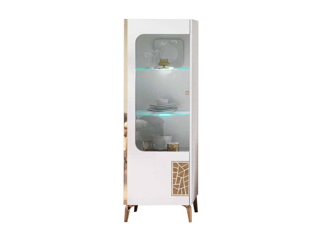 vente unique SAFARY - Vitrine 1 Porte Gauche Laquée Blanc et Or Décor Sérigraphié