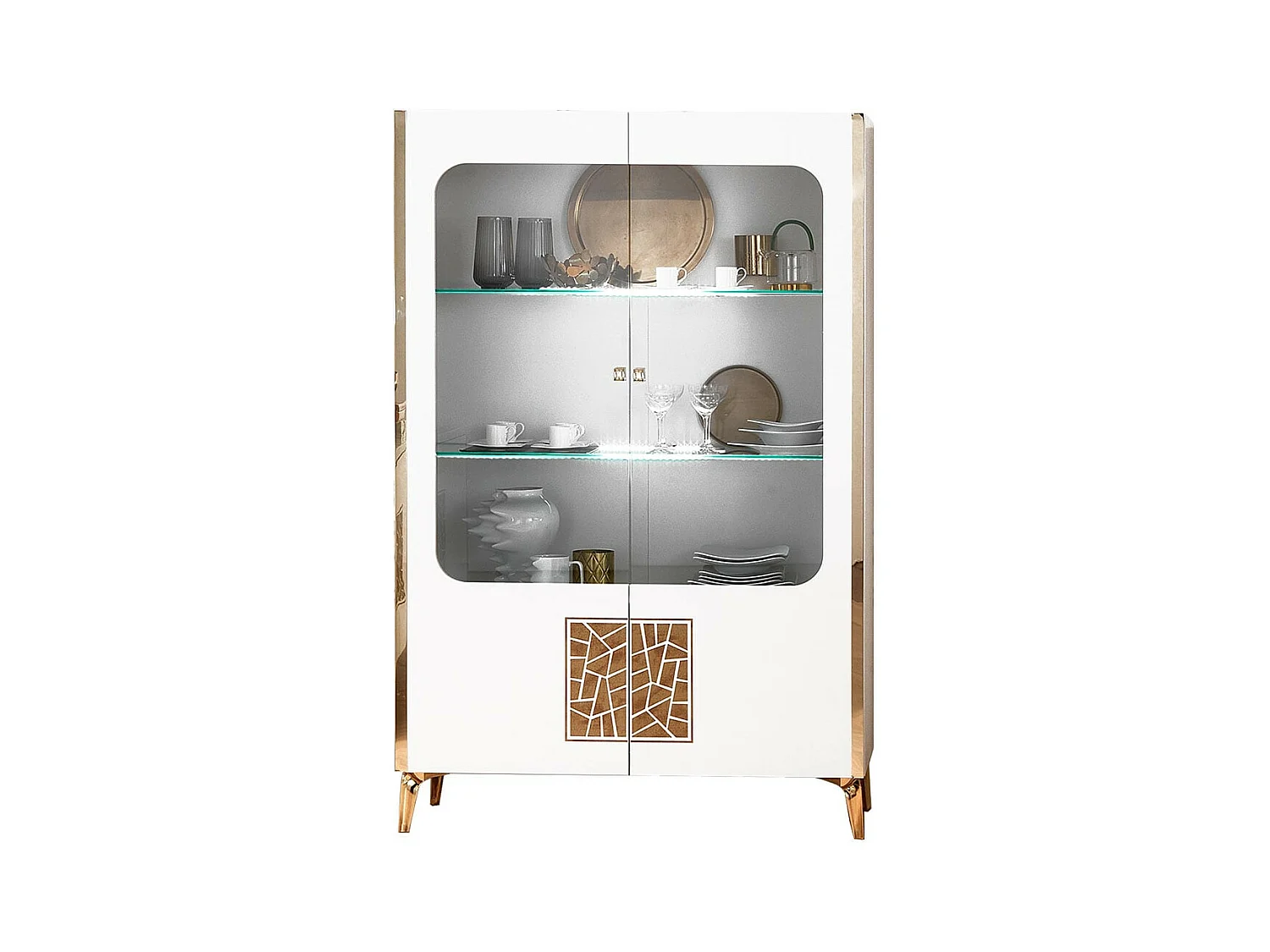 SAFARY - Vitrine 2 Portes Laquée Blanc et Or Décor Sérigraphié