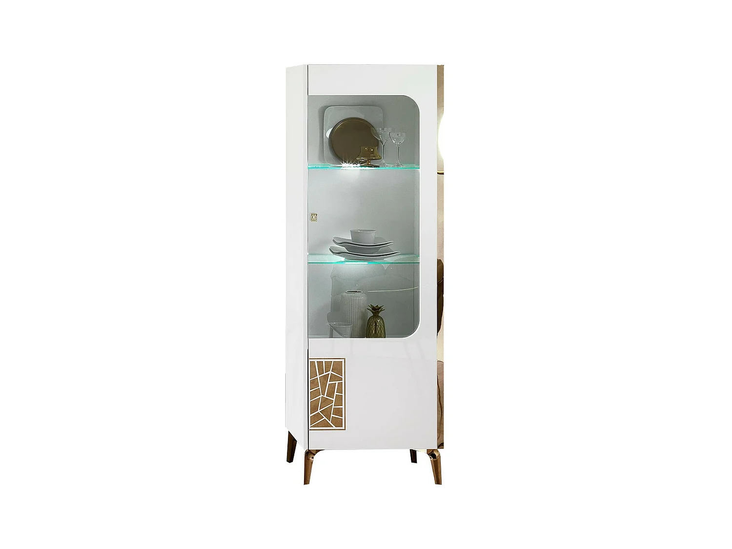 SAFARY - Vitrine 1 Porte Droite Laquée Blanc et Or Décor Sérigraphié