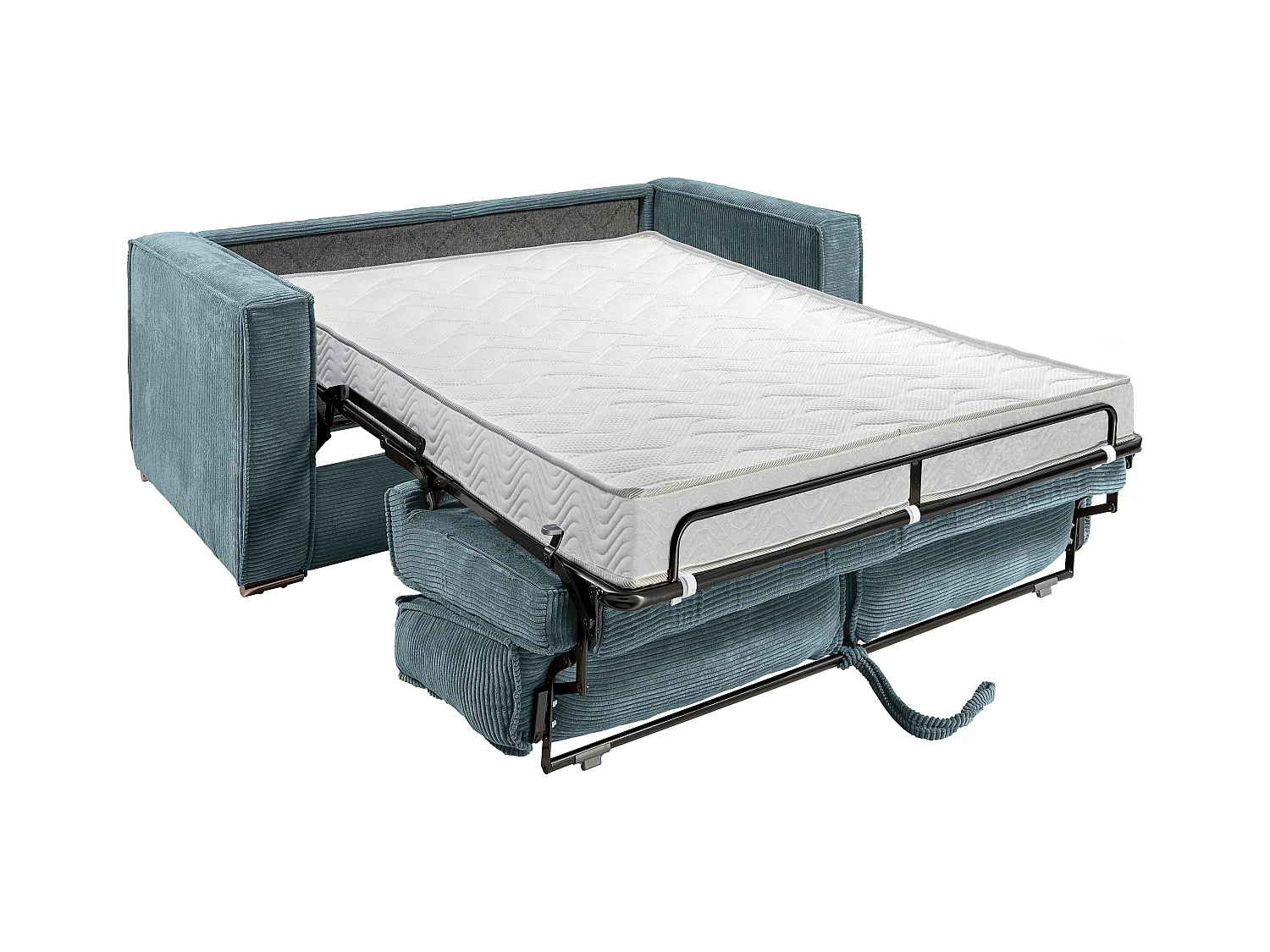 Canapé 3 places convertible express en velours côtelé bleu turquoise - Couchage 140 cm - Matelas 14 cm LORETO