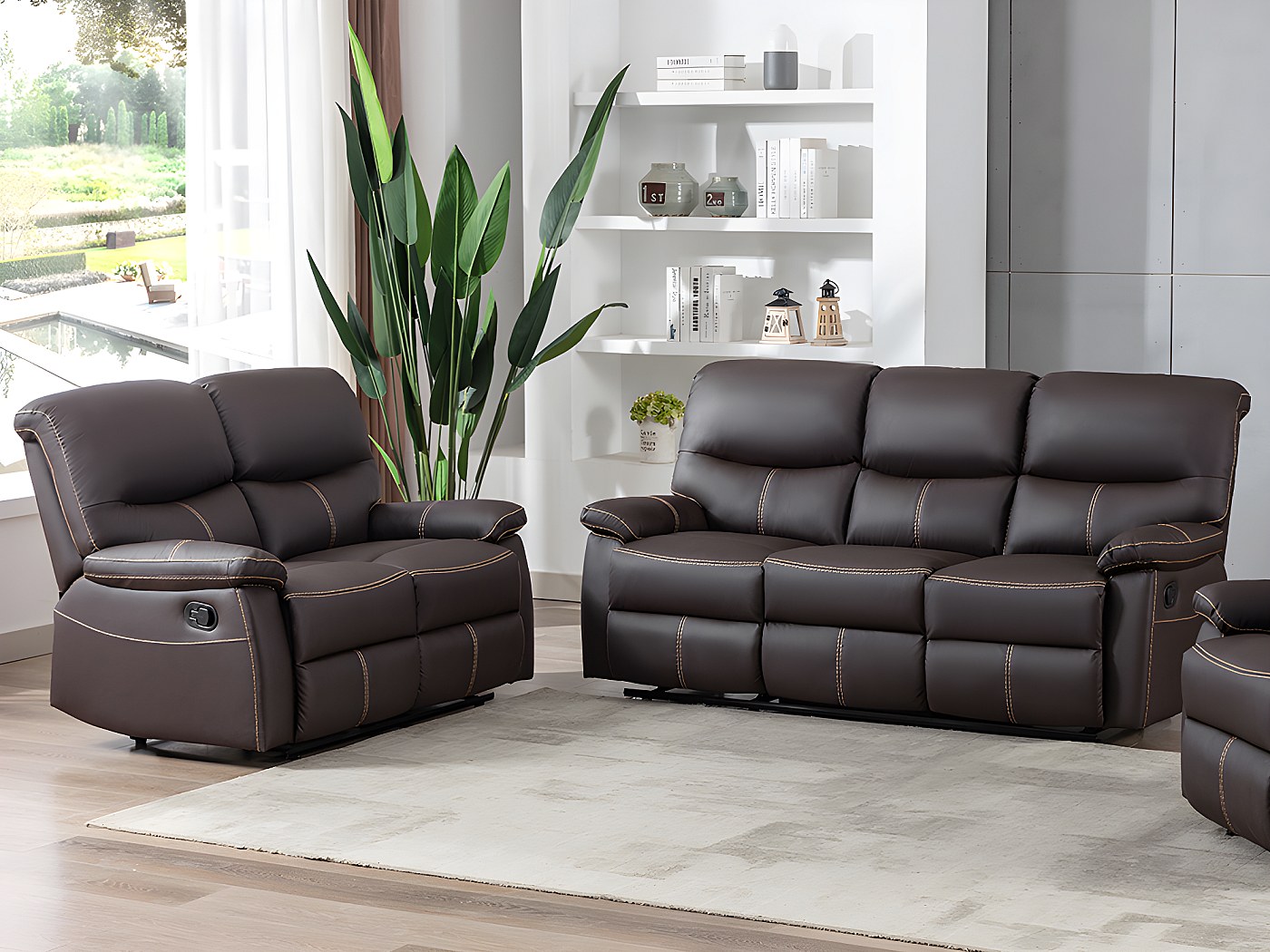 Sofás 3+2 relax manual de piel sintética marrón pespuntes beige CANBY