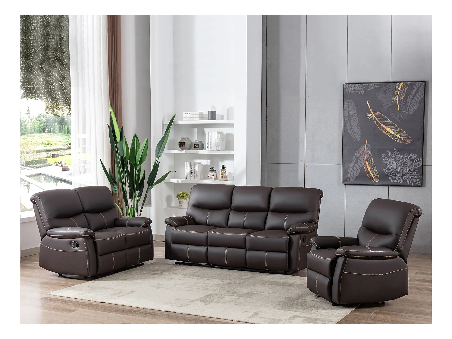 Kanapa 3-osobowa i fotel z funkcją relax z ekoskóry w kolorze brązowym CANBY