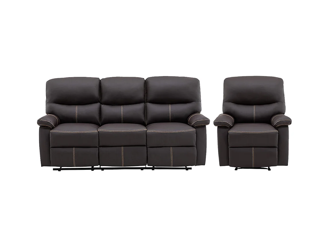 Kanapa 3-osobowa i fotel z funkcją relax z ekoskóry w kolorze brązowym CANBY